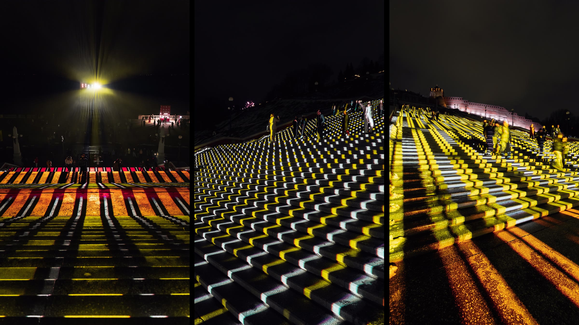 Triptych of three moments from Ascent: the view back down the staircase into the projector beam with long shadows stretching through red and orange bands, a tight zigzag of yellow and white light across the treads, and a diagonal stretch of steps in yellow and white with the floodlit kremlin wall in the distance